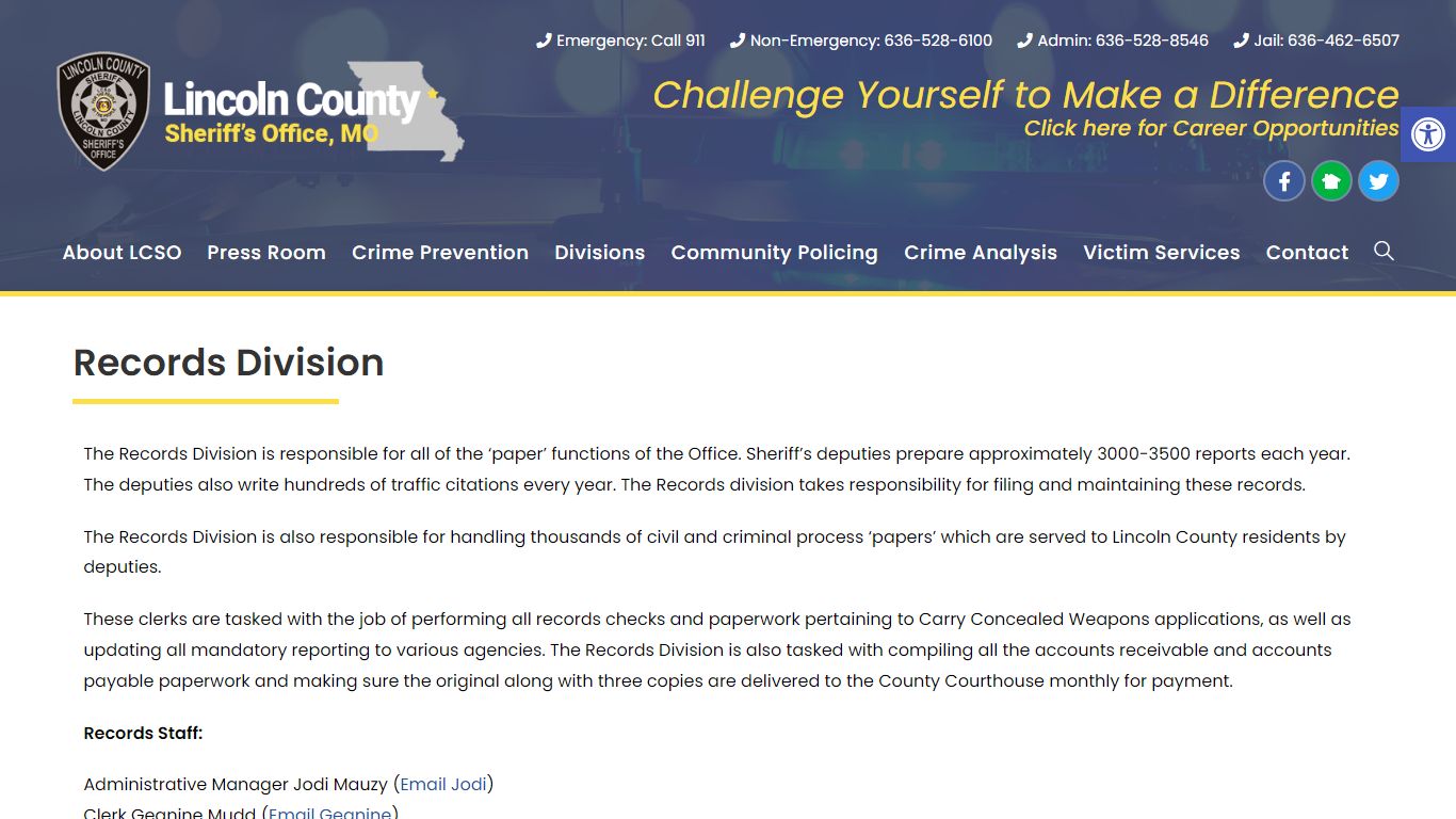 Records Division – Lincoln County Sheriff's Office, Missouri